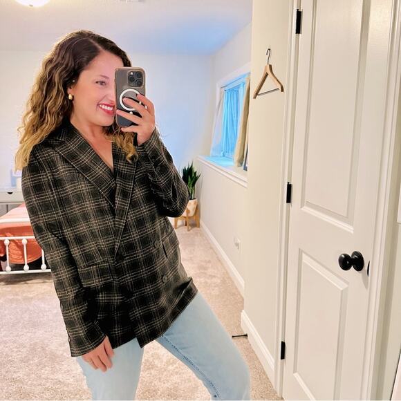 Theory Gray Plaid Wool Double Breasted Blazer Jacket 8 - Picture 1 of 14